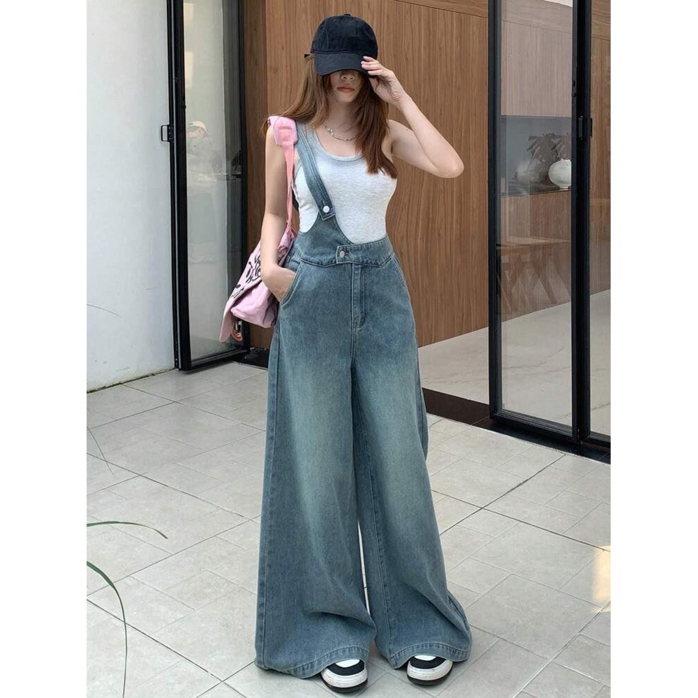 Dazy Denim Overalls Women Size M Blue Asymmetrical Single Strap Wide Leg Baggy